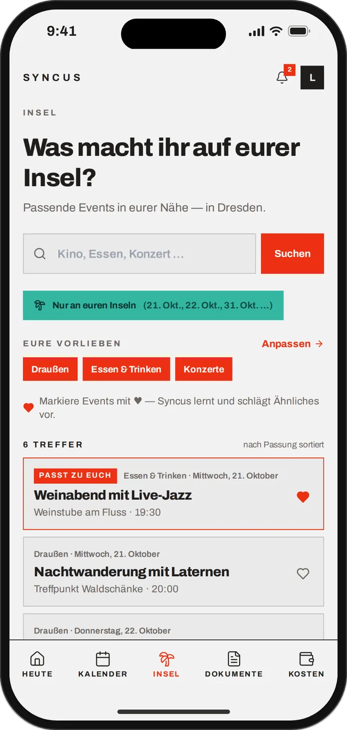 Syncus-Inselseite: „Was macht ihr auf eurer Insel?“ Gefiltert auf eure Inseltage, darunter die Vorlieben Draußen, Essen & Trinken, Konzerte und passende Veranstaltungen in Dresden, oben ein Weinabend mit Live-Jazz als „Passt zu euch“.