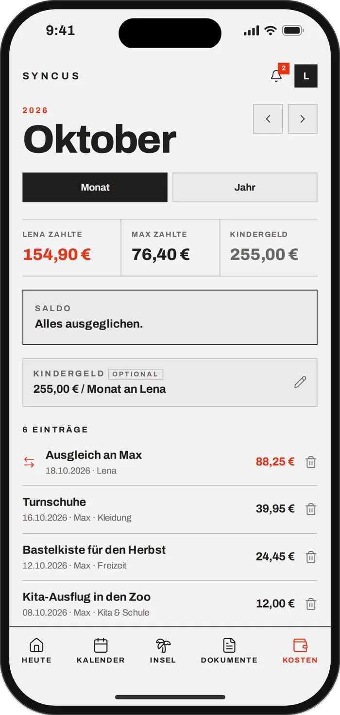 Syncus-Kosten, Oktober: Lena zahlte 154,90 €, Max 76,40 €, Saldo „Alles ausgeglichen.“, darunter die Einträge wie Turnschuhe und Kita-Ausflug.